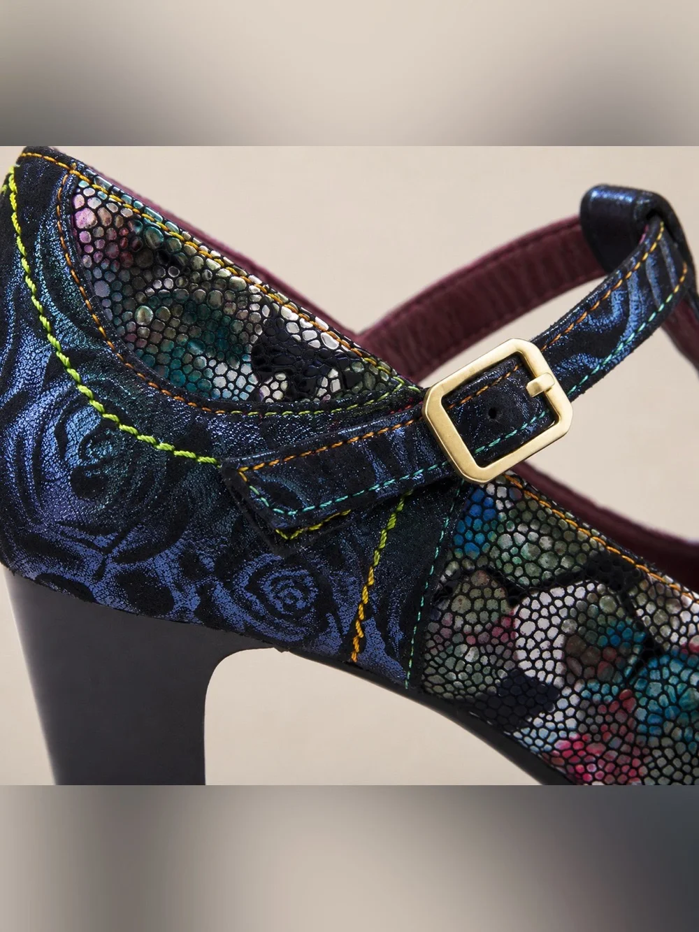 L'Artiste Mazie Navy Leather Floral Mosaic T-Bar Heels